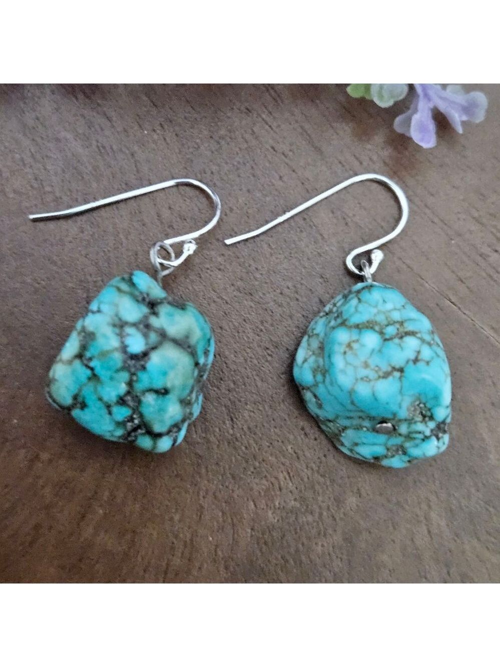 Vintage Sterling Silver Turquoise Nugget Stone Women's Earrings - Picture 2 of 4